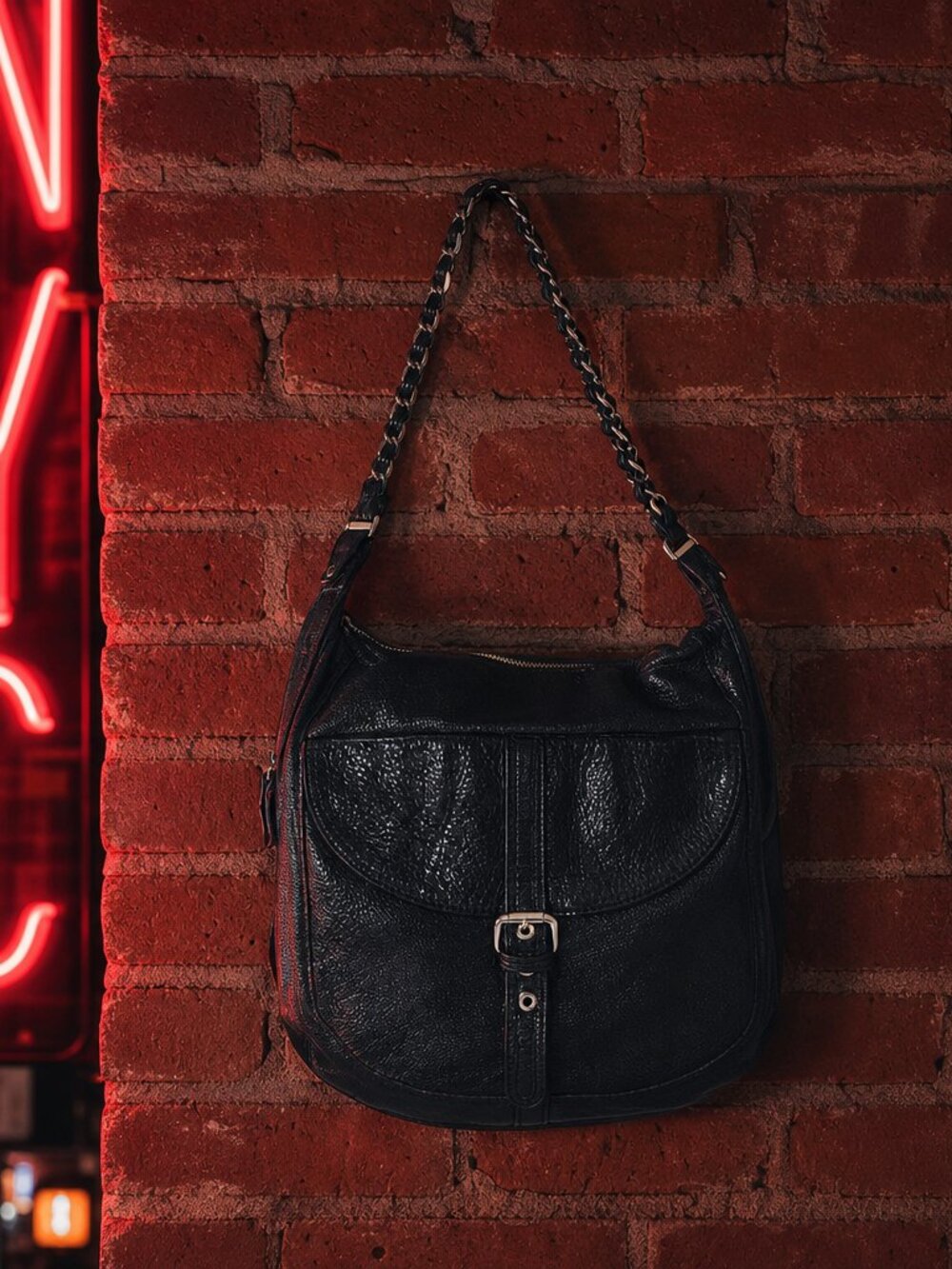 Tano Italian Leather Black Saddle Hobo Bag — Chain Strap, Slouchy Boho Chic
